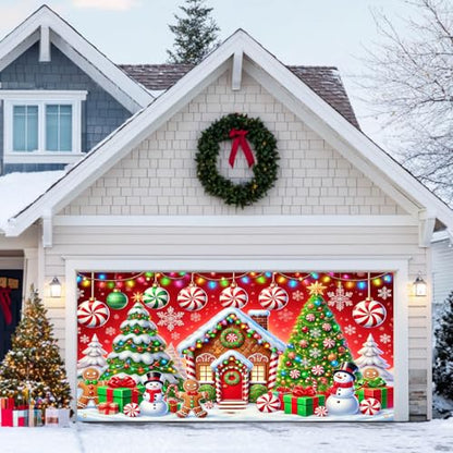 HOMETITUTE Christmas Garage Door Banner Gingerbread House 13x6ft Festive Backdrop Candy Canes Snowmen Photo Prop Background for Sweet Holiday Outdoor Display Festive Party Supplies