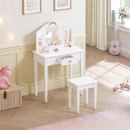 Spirich Kids Vanity Set with Mirror and Stool, Kids Make Up Vanity Desk for Little Girls, Children Makeup Dressing Table with Drawer - size: Golden bow