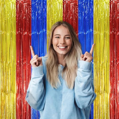 Voircoloria 2 Pack Blue Red Gold Foil Fringe Backdrop Curtains, Tinsel Streamers Party Decorations, Fringe Backdrop, Door Shimmer for Birthday Party - color: 50 Blue Red and Gold
