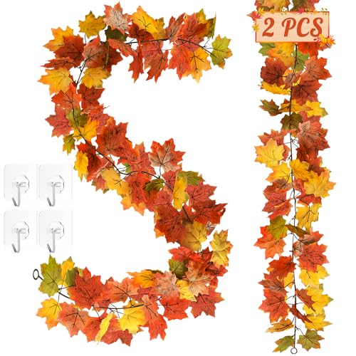 2 Pack Fall Decor, 11.8FT Fall Garland for Mantle, Fall Decorations for Home, Fall Leaves Garland, Thanksgiving Garlands, Artificial Leaves Autumn Garlands for Wedding Party Yellow-Green Leaves - color: Green, size: 2 Pcs