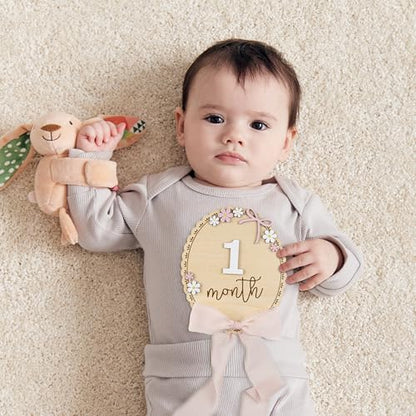 Baby Monthly Milestone Wooden Sign with Numbers, Natural Wood Milestone Board for Newborn Monthly Growth Photos, Cute 3D Flowers Photo Prop for Baby Milestone Memories (Pink Ribbon)