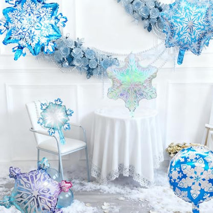Biapian Snowflakes Balloons Set, Large Snowflake Shaped Foil Balloon, Blue Purple Silver Iridescent Snow Balloons for Ice Snow Princess Themed Birthday Party Decorations Winter New Year Decorations - style: Snowflake