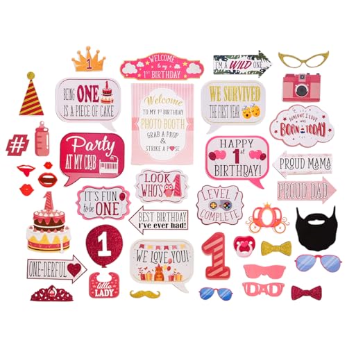 1st Birthday Girl Photo Booth Props - 41-pc Photobooth Kit with 8 x 10-Inch Sign, 60 Adhesive Pads, 45 Sticks - First Birthday Photo Kit