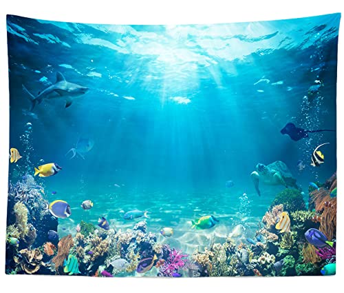 BELECO Underwater World Backdrop 12x10ft Fabric Undersea Backdrop for Photography Under The Sea Tropical Fish Dolphin Turtle Coral Deep Sea Sunlight Seabed Background Undersea Party Photo Studio Prop - size: 12x10FT