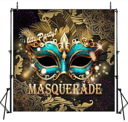 Masquerade Backdrop, Mardi Gras Luxury Glitter Gold Retro Backdrops for Ball Dance Mask Birthday Party Photography Decorations Supplies Favors Banner Photo Booth Props, 10 x 10 ft - size: 10x10ft