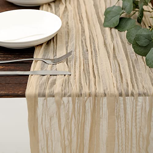 DOLOPL Beige Cheesecloth Table Runner 13.3ft Boho Gauze Cheese Cloth Table Runner Rustic Sheer Runner 160inch Long for Wedding Bridal Baby Shower Birthday Party Cake Table Decorations - color: Beige