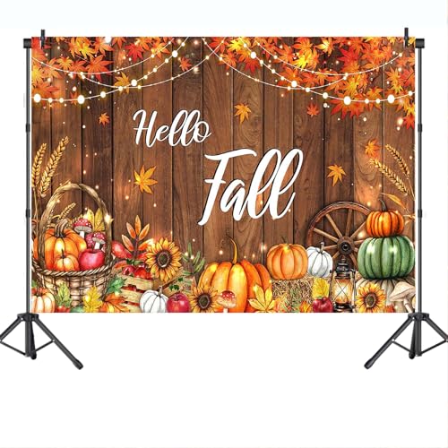 Mocsicka Hello Fall Backdrop Banner Fall Thanksgiving Photography Backdrop Rustic Wooden Door Autumn Pumpkin Harvest Baby Shower Decorations Photo Booth Props (10x8ft (120x96 inch)) - size: 10x8ft (120x96 inch)