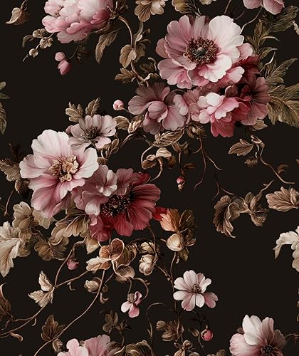 Black Floral Wallpaper Peel and Stick Pink Peony Vintage Flowers with Dark Brown Leaf Vinyl Self Adhesive Removable Contact Paper Wall Mural for Bedroom Walls Living Room Cabinets Decor 17.5" x 118" - color: Black and Dark Pink, size: 17.5" x 118"
