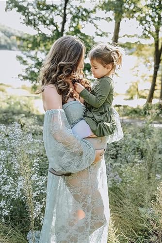 Saslax Soft Stretchy Lace Off Shoulder Doubly Split A-line Skirt Maternity Dress Pregnancy Maxi Gown for Photoshoot - color: Sage, size: Small