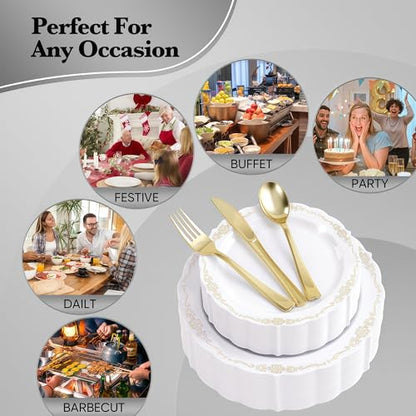 Fijinhom 350 PCS White and Gold Disposable Plates, Elegant Dinnerware Set for 50 Guests, 100 Plastic Plates, 150 Silverware, 50 Cups & 50 Paper Napkins, White and Gold - color: White and Gold Pattern, size: 50 Guests-350pcs