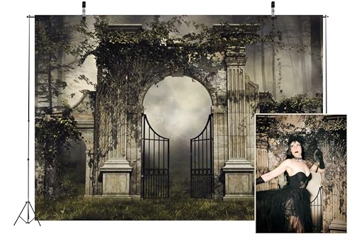 Gothic Palace Garden Backdrop Fabric 10x8ft Vintage Rose Ivy Arch Buliding Backdrop Fantasy Dark Forest Scene Background Birthday Wedding Party Decorations Girls Portrait Photo Booth Props - size: 10x8FT