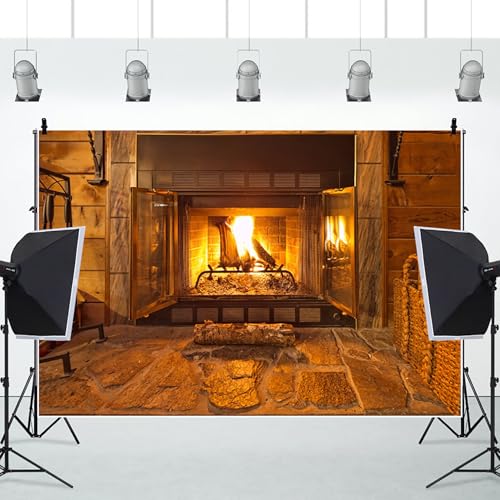 Renaiss 6x4ft Burning Fireplace Photo Backdrop Firewoods Flaming Photography Background Christmas Nativity New Year's Eve Party Decoration Children Adult Holiday Photo Booth Props - color: Brown-3, size: 6x4ft