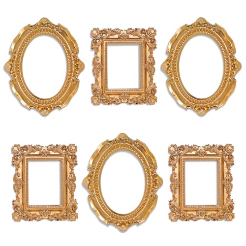 6 Pcs Mini Frames, Vintage Gold Small Picture Frames Antique Resin Photo Frame for DIY Craft Galley Wall Hanging Jewelry Display Shooting Photo Props Christmas Decor (Without Backings) - color: Brass, style: Style 1