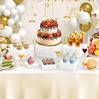 6Pcs White Buffet Risers Set (Size 5",6",7",8",9",10"),Food Risers for Buffet Table Display Stand Shelf for Party Catering Dessert Collectibles Acrylic Cube Boxes Display with Hollow Bottoms