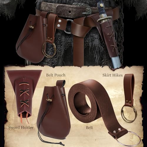 4PCS Medieval Leather Sword Frog Dagger Holder Belt Rapier Scabbard Viking Knight Renaissance Belt Pouch Halloween Costume - color: Brown