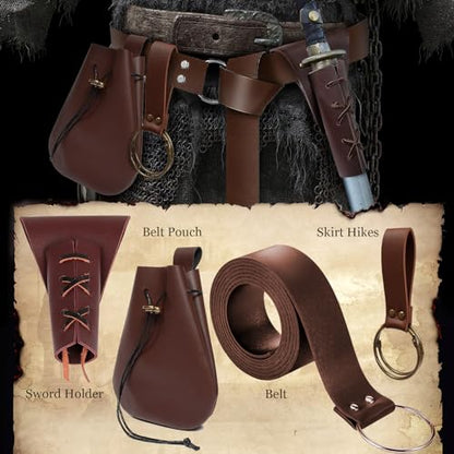 4PCS Medieval Leather Sword Frog Dagger Holder Belt Rapier Scabbard Viking Knight Renaissance Belt Pouch Halloween Costume - color: Brown