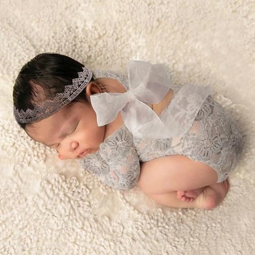Baby Photography Props Outfit Lace Rompers Newborn Girl Photo Shoot Outfits Flower Headband Princess Costume - color: Grey C