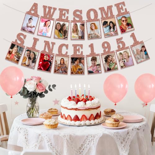 Pre-strung Awesome Since 1951 Photo Banner Birthday Decorations for Women- Pink Rose Gold Glitter 75th Birthday and Anniversary Decorations Party Supplies - style: Pink Rose Gold 75th
