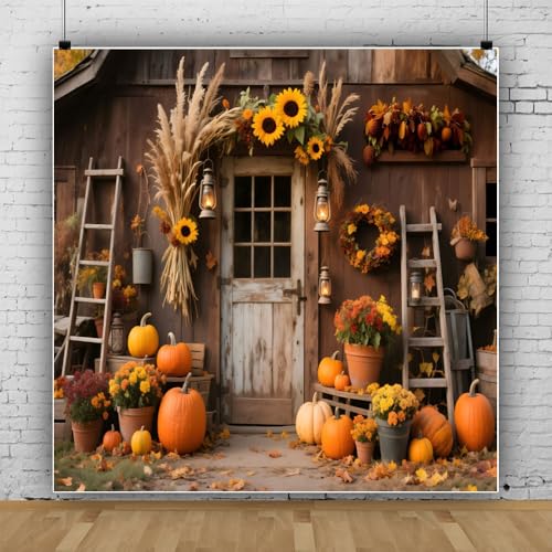 10x10ft Fall Photo Backdrop Rustic Wooden Barn Door Pumpkin Harvest Backdrop Country Fall Festival Backdrops for Photoshoot Thanksgiving Decorations Photographic Studio Photo Backgrounds - color: Yellow, size: 10x10ft