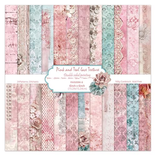 6 Inch Retro Pink Scrapbooking Paper Pad - 24 Sheets Double Sided Aesthetic Design Cards Paper for Photos Album Journals Material Decorative Collage Origami DIY Crafts Gifts Wrapping - color: Pink Teal Lace