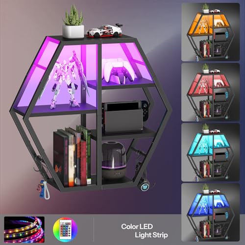 HOOBRO Gaming Floating Shelves with LED Lights, Gaming Wall Mounted Shelf, Hexagonal Display Rack for Wall Storage, Floating Rack with 4 S-Hooks, for Gaming Room, Black BB76DBJ01