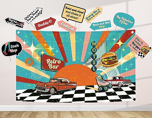50s Party Decoration Kit - Includes Photography Backdrop & 10 Studio Selfie Photo Booth Props with Sticks - Back to 1950s Vintage Rock and Roll Theme Studio Background Banner Birthday Supplies - size: 50s