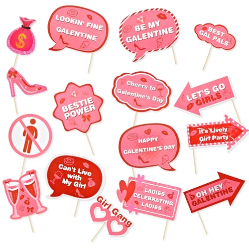 16Pcs Galentine's Day Photo Booth Props Kit,Funny Handheld Pink Party Accessories,Suitable for Valentine's Day Fellowship Party Decorations
