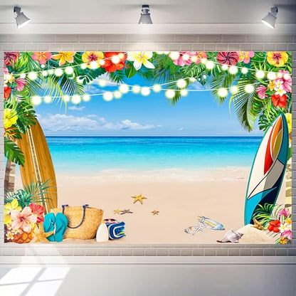 10 x 6 ft Summer Party Backdrop Hawaii Ocean Beach Tropical Leaves Flower Background Aloha Decorations Photo Booth Props Seaside Luau Happy Birthday Party Banner - size: 10*6 ft
