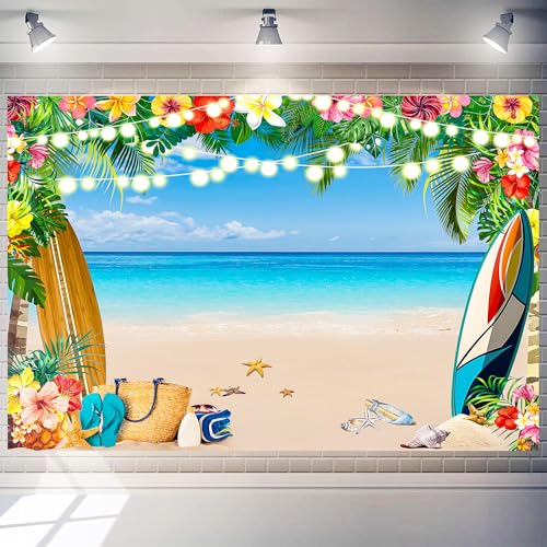 6 x 4 ft Summer Party Backdrop Hawaii Ocean Beach Tropical Leaves Flower Background Aloha Decorations Photo Booth Props Seaside Luau Happy Birthday Party Banner - size: 6*4 ft