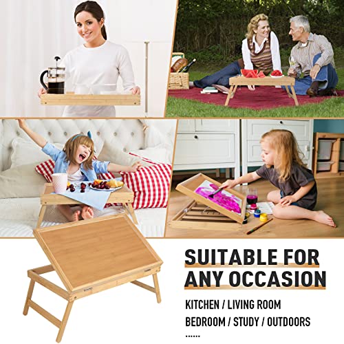 Bed Tray Breakfast Food Tray with Folding Legs Kitchen Serving Tray for Lap Desks Notebook Computer Sofa Platters TV Snack Tray(Beige, Large) - color: Beige, size: Large