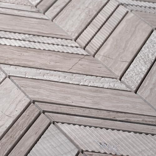 Textured Chevron Wooden Grey Marble Mosaic Tile (6.09 Sq ft- Box of 5 Sheets) - color: Wooden Gray, size: 13 x 13.5 in (Pack of 5)