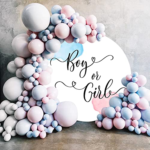 Laeacco 4x4ft Boy or Girl Gender Reveal Round Backdrop Pink Blue Watercolor Pattern Newborn Baby Shower Arch Photography Background He or She Neutral Reveal Party Cake Table Decor Photo Booth Prop - size: 4x4ft-Diameter
