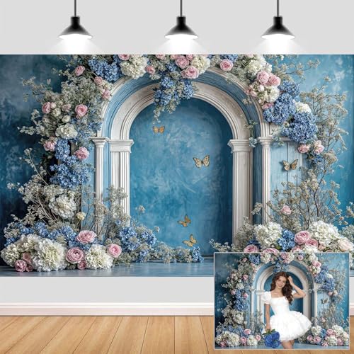 6X4ft Retro Blue Flower Backdrop Blue Hydrangea Floral Butterfly Arch Photography Backdrops European Style Bridal Shower Party Banner for Interior Portrait Photoshoot Photo Booth Wallpaper Decor - color: Multi12, size: 6X4ft