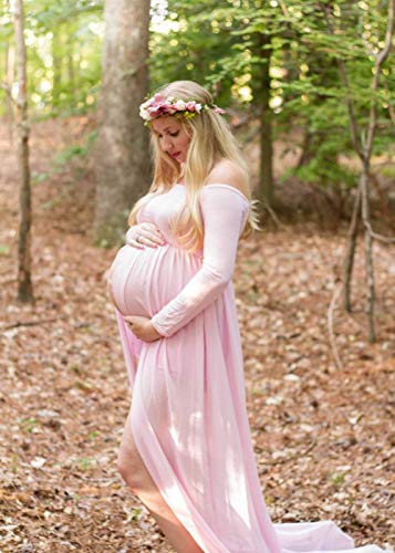 ZIUMUDY Maternity Maxi Chiffon Photography Dress Split Front Gown for Photoshoot - color: Pink
