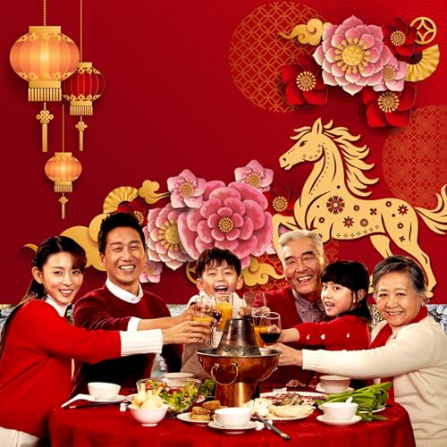 AOFOTO 8x6ft Happy Chinese New Year Backdrop China Spring Festival Lunar Year of The Horse Decoration Banner Paper Cut Flowers CNY Lanterns 2026 Background Party Supplies Photoshoot Studio Props - size: 8x6ft