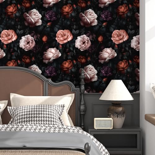 BOKEBEVE Dark Black Big Peony Floral Contact Paper Retro Wallpaper Peel and Stick Vintage Boho Wall Paper for Home Docor Renter Friendly Removable Self Adhesive 17.5 x 118In - color: Black/Pink/Red, size: 17.5" x 118"