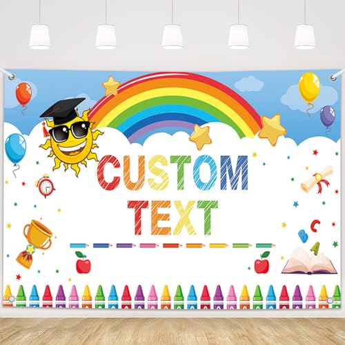 MEHOFOND 8x6ft Customize Bright Future Kindergarten Graduation Backdrop Rainbow Kids Graduation Party Decor Preschool Classroom Graduate Photo Booth Background - color: Blue-Custom, size: 8x6ft