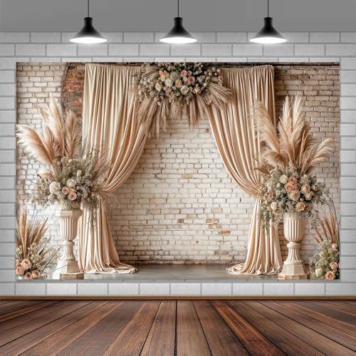 6X4ft Boho Floral Wedding Backdrop Vintage Flowers Brick Wall Background Photography Backdrops for Parties Wedding, Girls Birthday Princess Weeding Bridal Shower Floral Anniversary Ceremony Decor - color: Boho01, size: 6X4FT