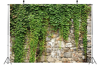 BELECO 7x5ft Fabric Green Leaves Wall Backdrop Old Stone Wall with Green Leaves Vine Spring Garden Nature Backdrop Greenery Banner Background Home Decor Wedding Birthday Photoshoot Studio Props - size: 7x5FT