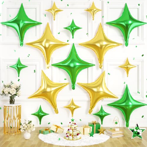 Green Gold Star Balloons, 16 PCS Green Four Angle Star Foil Balloons, 26 Inch and 10 Inch Gold Stars Shaped Balloon for Graduation Birthday Baby Shower Wedding Anniversary Engagement Party Decorations - color: Green Gold