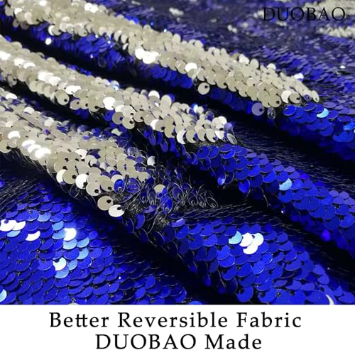 DUOBAO Silver to Royal Blue Reversible Fabric 2 Yards Sequin Fabric by The Yard 6 Feet Two Tone Mermaid Fabrics Sparkly Colorful 5mm DIY Sewing Clothes,Tablecloth Runner,Backdrop Easily Flip Up - color: Silver to Royal Blue, size: 2 Yards