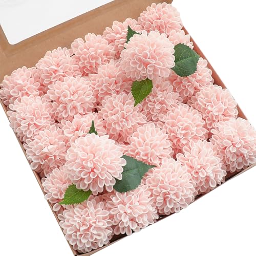 Floroom Artificial Dahlia Flowers 25pcs Real Looking Blush Foam Fake Roses with Stems for DIY Wedding Bouquets Pink Bridal Shower Centerpieces Floral Arrangements Party Tables Home Decoration - color: Blush