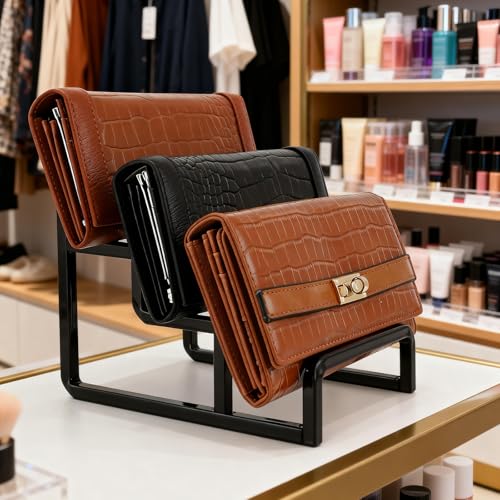 Wallet Display Rack Purse Stand, 3 Layer Display Riser Stainless Steel Metal Countertop Shelf Risers for Showcase Home Boutique Retail Store Black