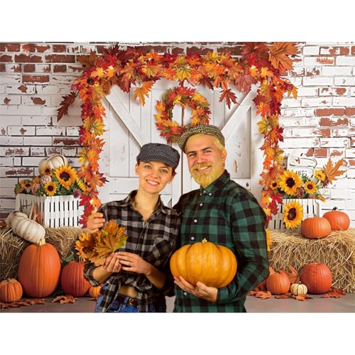 MEHOFOND 8x6ft Fall Thanksgiving Photography Backdrop Autumn Rustic Barn Wooden Door Brick Wall Background Pumpkin Maple Wreath Haystack Sunflower Harvest Party Decorations for Portrait Photo Props - size: 8x6ft