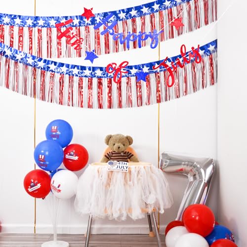 Mega-L 4th of July Decorations 2 Pack 40 Feet Foil Fringe Garland Tinsel Streamers, Red White and Blue Star Metallic Hanging Backdrop Banner Table Skirts for Parade Floats Memorial Day Patriotic Party