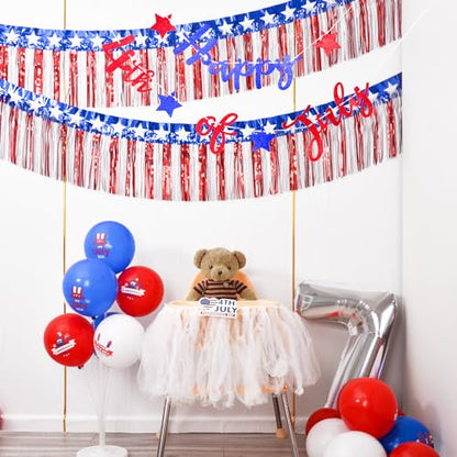 Mega-L 4th of July Decorations 2 Pack 40 Feet Foil Fringe Garland Tinsel Streamers, Red White and Blue Star Metallic Hanging Backdrop Banner Table Skirts for Parade Floats Memorial Day Patriotic Party