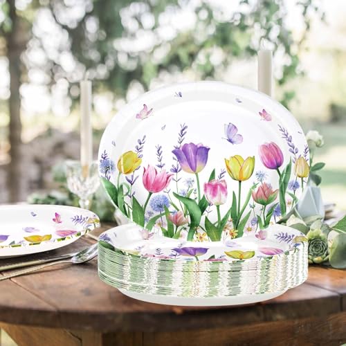 50Pcs Tulip Oval Paper Plates Large 10" x 12" Tulip Lavender Floral Plates Disposable Heavy Duty Butterfly Flower Plates for Spring Mother’s Day Wedding Bridal Shower Decor Birthday Tea Party Supplies - style: 50Pcs Tulip Oval Plates