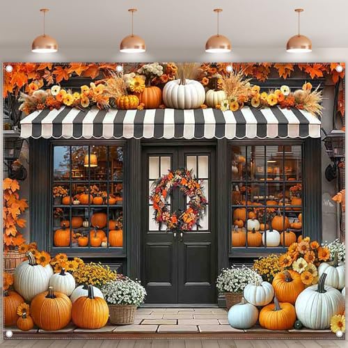10x8ft Fabric Fall Pumpkin Shop Backdrop Rustic Autumn Chrysanthemum Maple Leaves Harvest Floral Door Photography Background Thanksgiving Party Decor Photo Props - size: 10'x8'