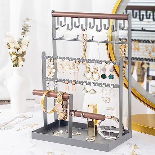 ProCase Jewelry Organizer Stand Necklace Organizer Earring Holder, 6 Tier Jewelry Stand Necklace Holder with 15 Hooks, Jewelry Tower Display Rack Storage Tree for Bracelets Earrings Rings -Grey - color: Grey