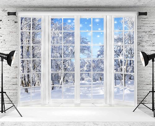 10x8ft Winter Landscape Window Backdrop Snow Trees Scenery Photography Background Banner Merry Xmas New Year Party Banner Decorations Supplies Photo Booth Props - size: 10x8ft